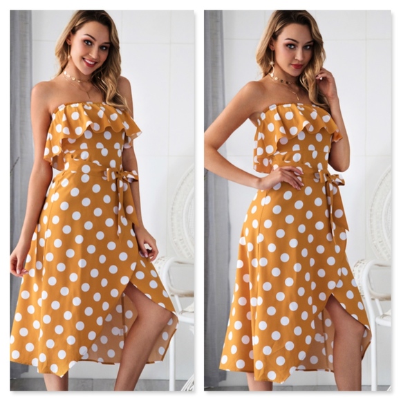 Polka Dot Strapless Flounce Midi Dress w/Slit - Picture 4 of 8